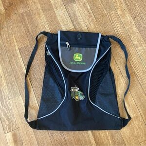 John Deere Backpack Cinch Drawstring w Flap Black Nylon 13" X 17”  New w/o Tag